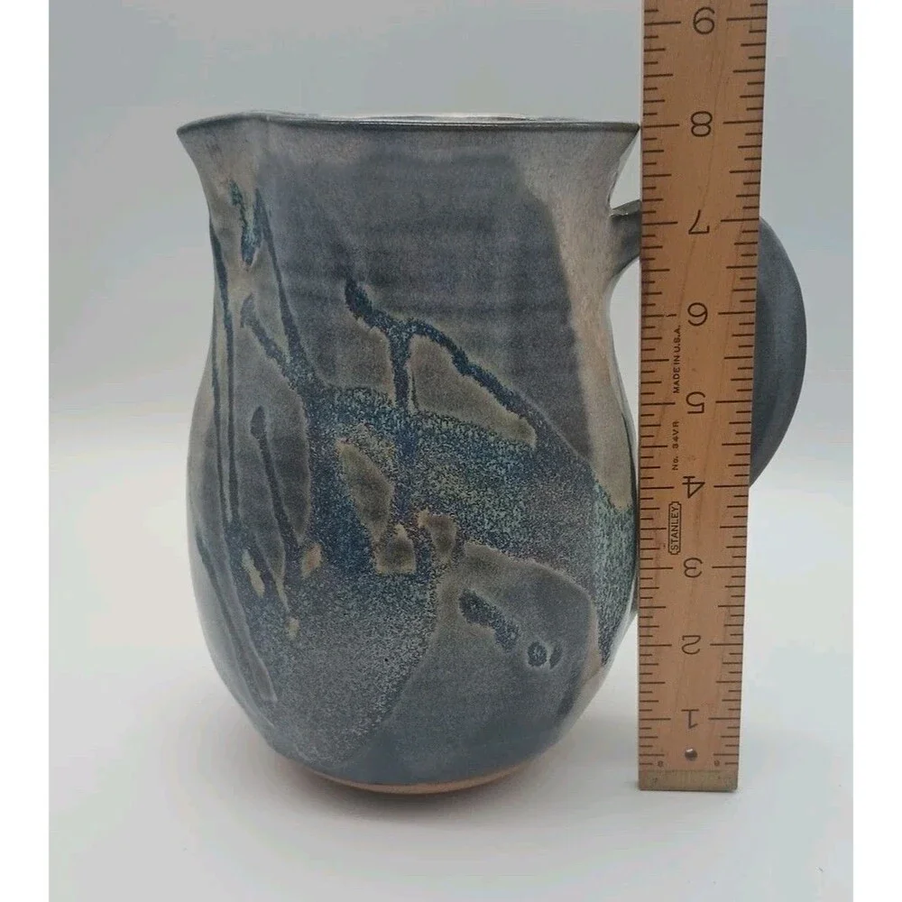 Studio Pottery Pitcher Signed Blue Gray Drip Redware